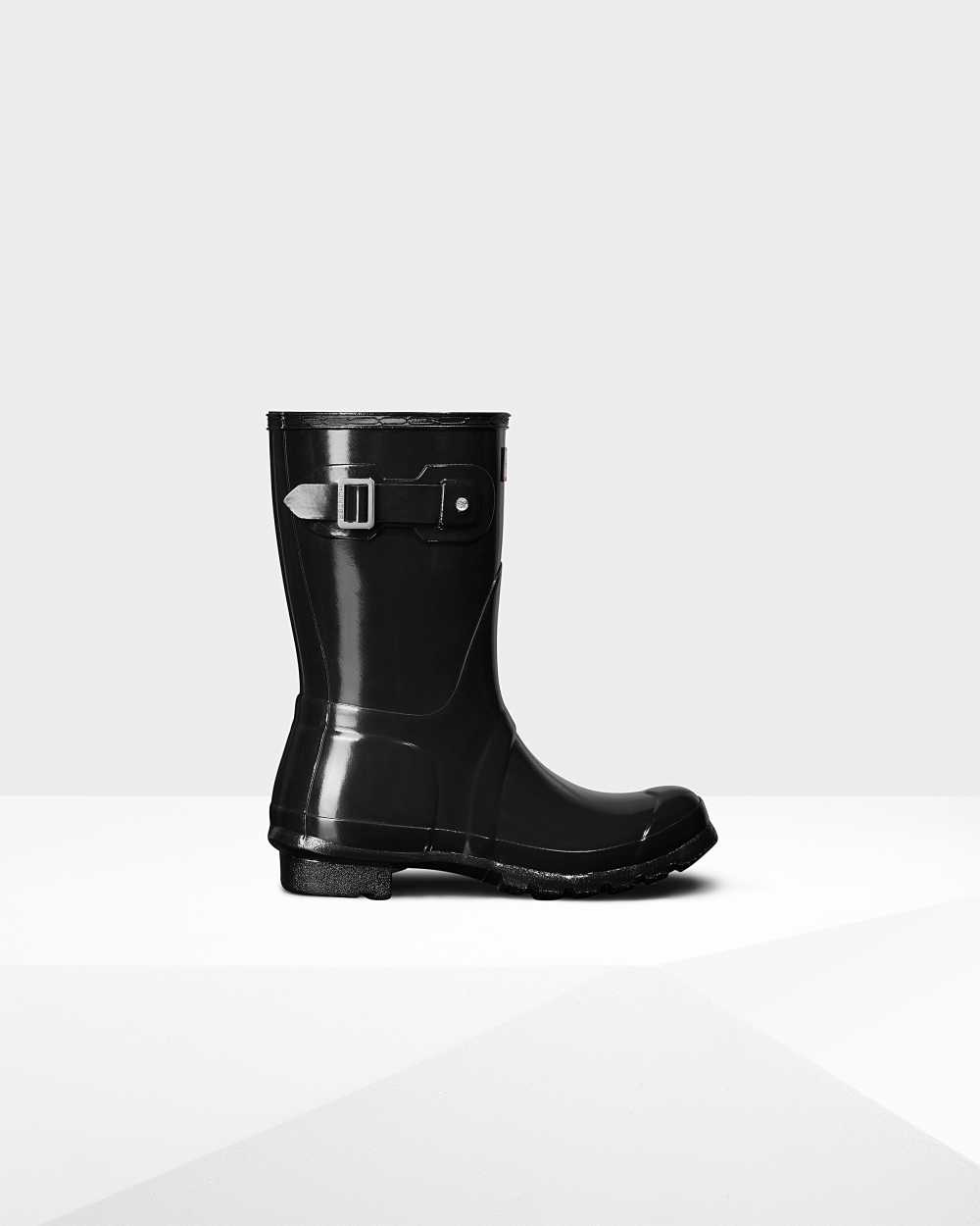 Womens Hunter Original Short Gloss Mid-Calf Rain Boots Black | SKTJBV-837